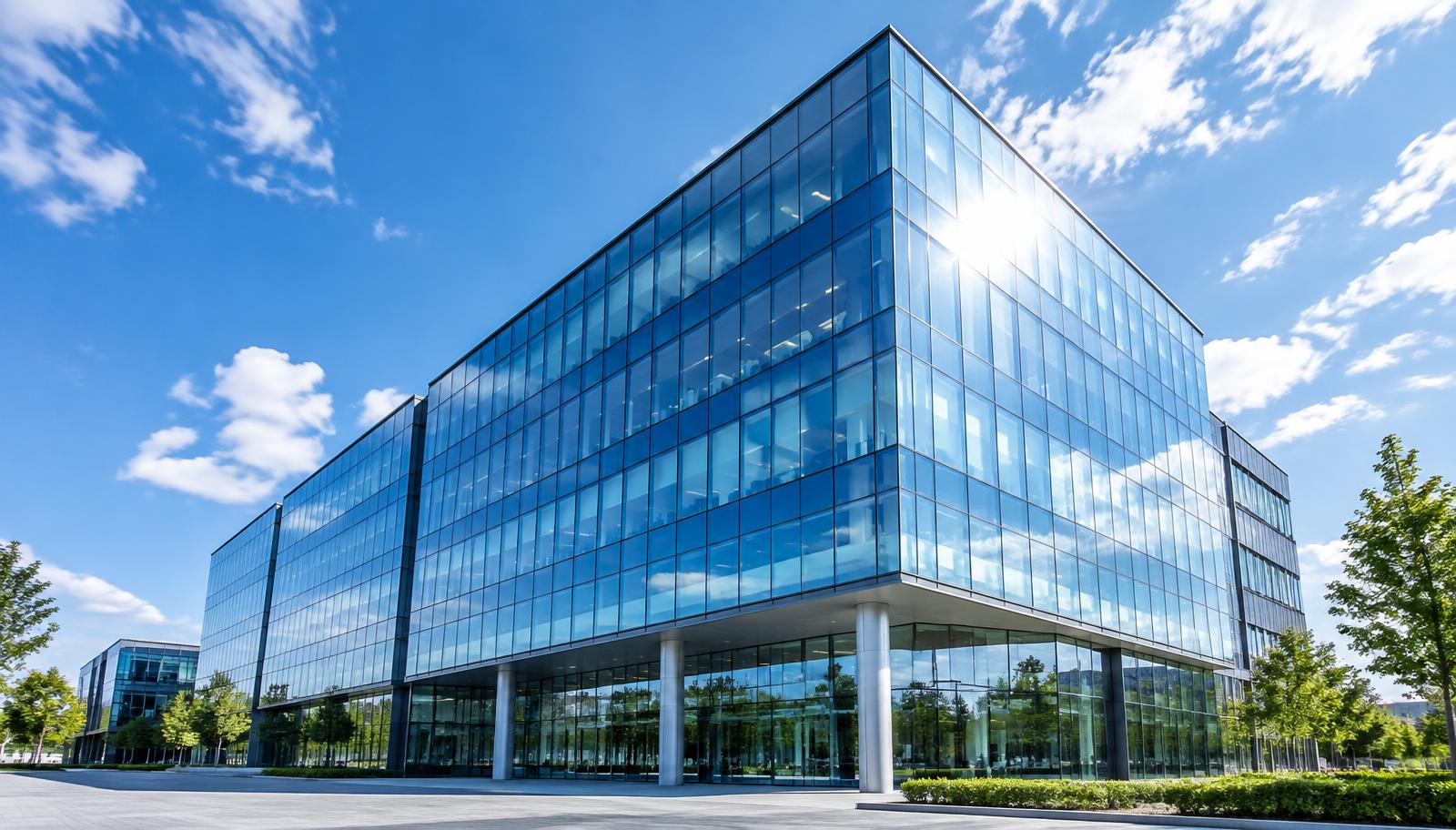 Modern commercial building with a full-height glass curtain wall facade